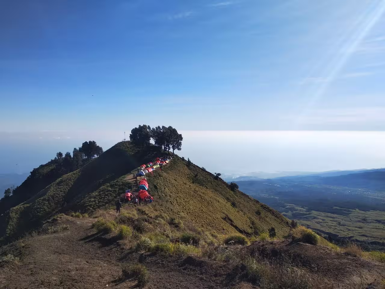 Camping tents pitched at Plawangan Sembalun crater rim overlooking Segara Anak lake