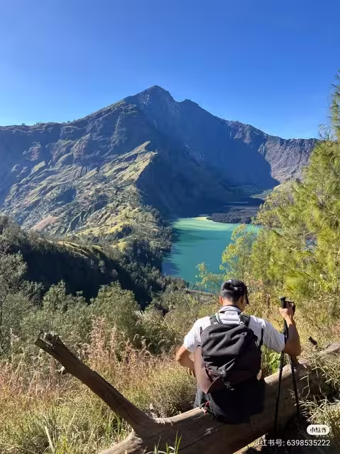 Hiker sitting on a log along the Senaru route, overlooking the turquoise Segara Anak crater lake and Rinjani's volcanic rim