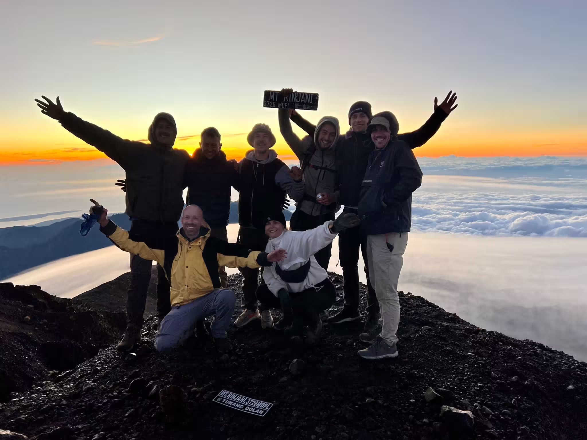 Spectacular sunrise views above the clouds from the top of Mount Rinjani