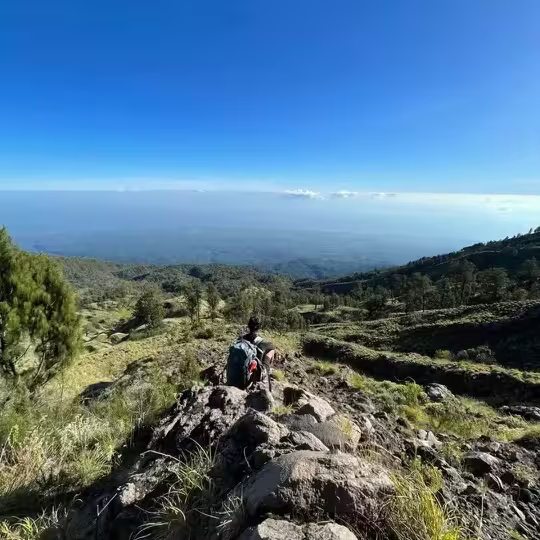 Trekker resting on a rocky ridge along the Sembalun route with rolling green hills stretching to the coast below