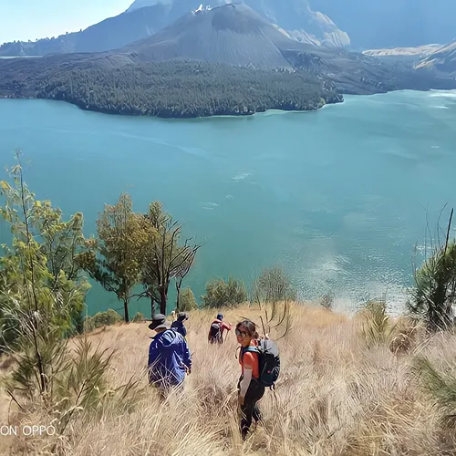 Hikers trek up a hill with a stunning lake behind them, part of the 3D2N Mount Rinjani adventure via Senaru Hikers trek up a hill with a stunning lake behind them, part of the 3D2N Mount Rinjani adventure via Senaru