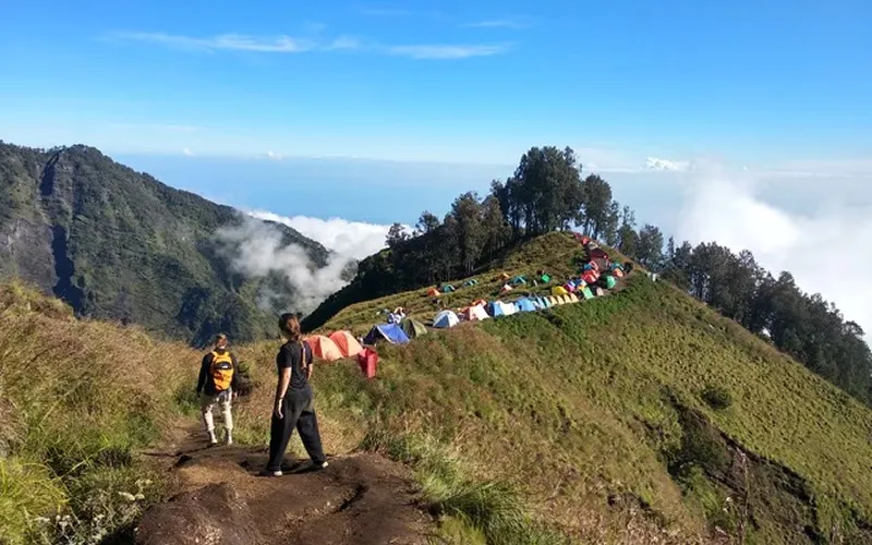 Trekking group on Mount Rinjani, walking with tents for a 3-day journey to the summit and nearby hot spring lake Trekking group on Mount Rinjani, walking with tents for a 3-day journey to the summit and nearby hot spring lake