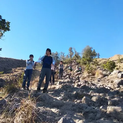 Hikers ascend a rocky hill under a clear blue sky during a Mount Rinjani trek via the Senaru route Hikers ascend a rocky hill under a clear blue sky during a Mount Rinjani trek via the Senaru route